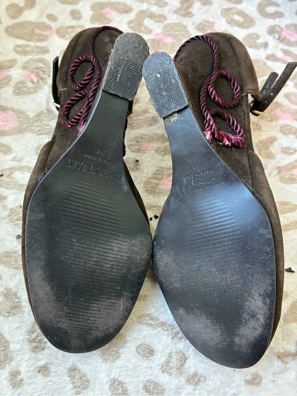 Colin Stuart Brown Suede Mary Jane Wedges with Plum Pom Trim